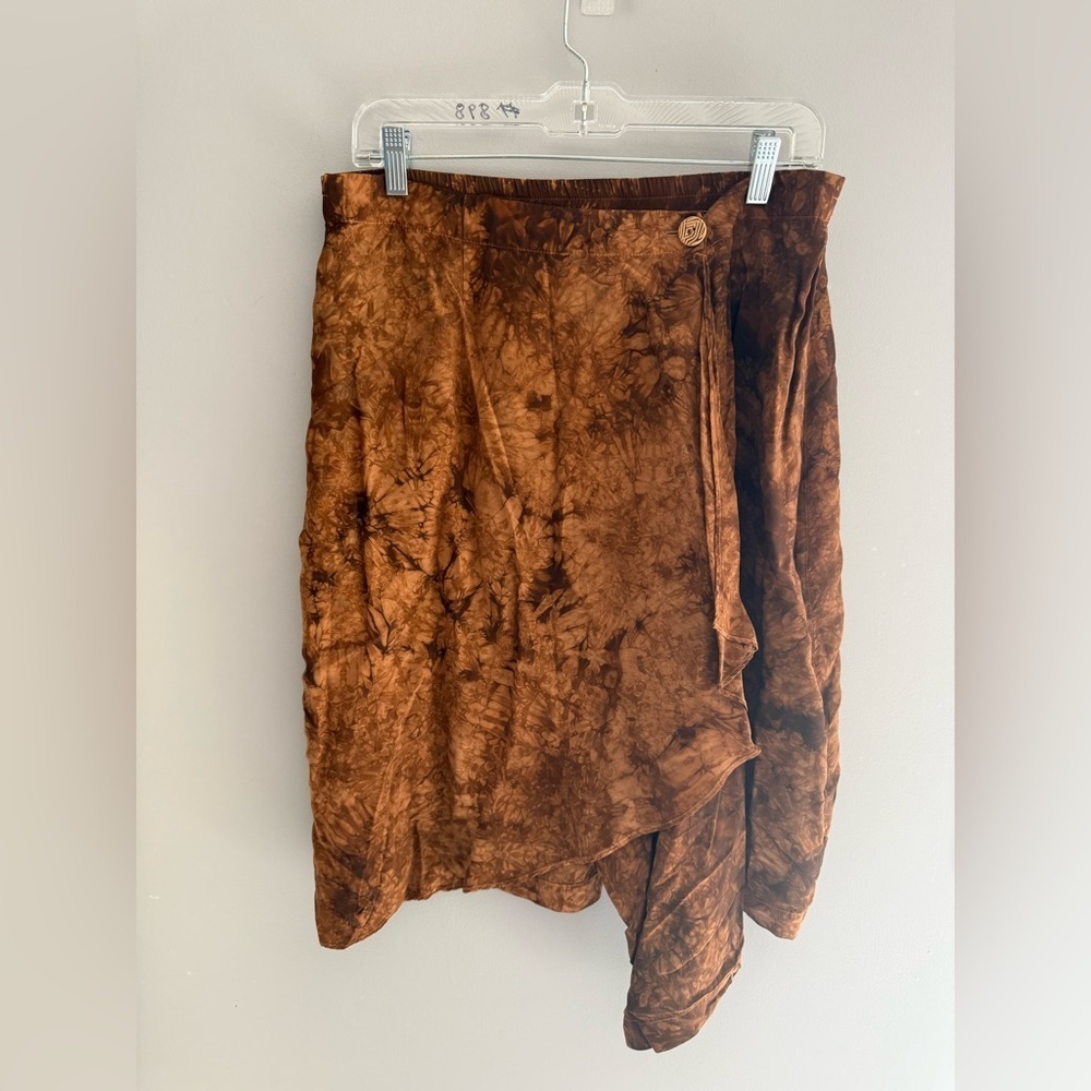 VTG Carol Little Women Faux Wrap Elastic Knee Length Skirt Brown Tie Dye SZ 12